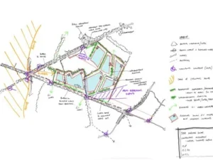 Hand drawn site plan sketch with various coloured lines and notes indicating boundaries, water features, pathways, and landscape features, with a legend explaining symbols on the right side.