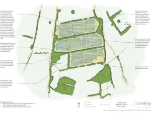 Landscape masterplan of Preston Farm showing blocks of solar panels, access paths, and surrounding woodland, with annotated notes describing existing and proposed landscaping features.